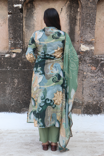 Sage Green Printed Angrakha Cotton Kurta-Pant Set with Dupatta