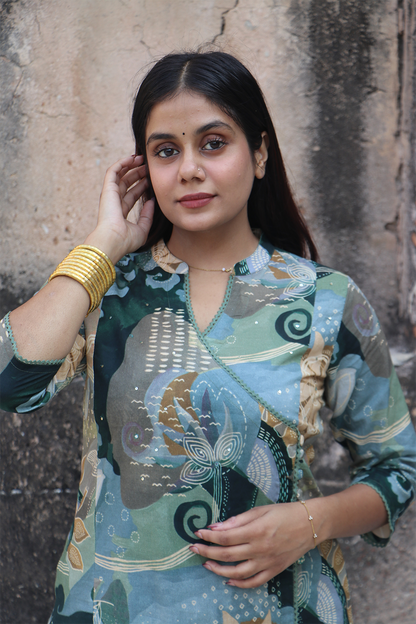 Sage Green Printed Angrakha Cotton Kurta-Pant Set with Dupatta