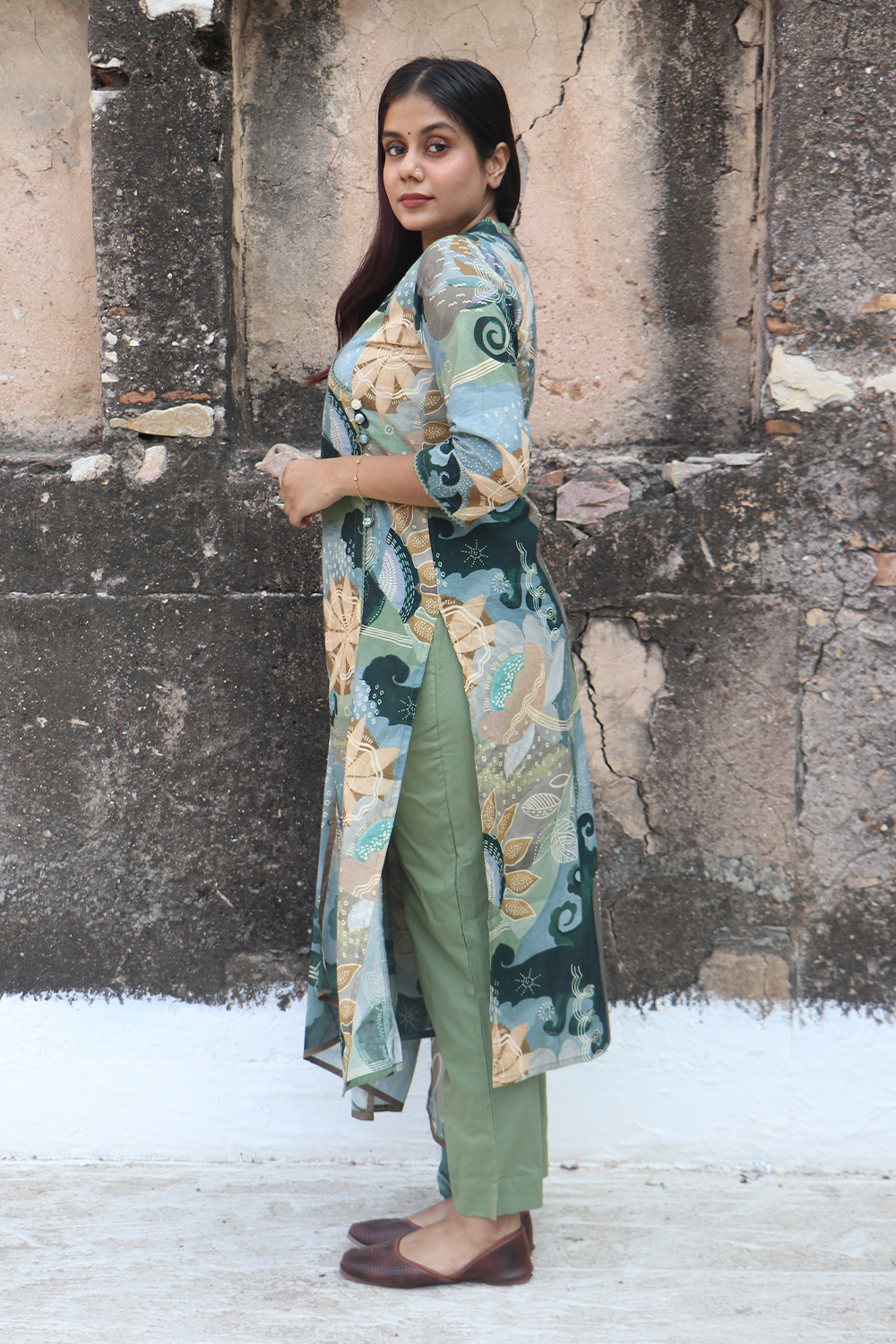 Sage Green Printed Angrakha Cotton Kurta-Pant Set with Dupatta