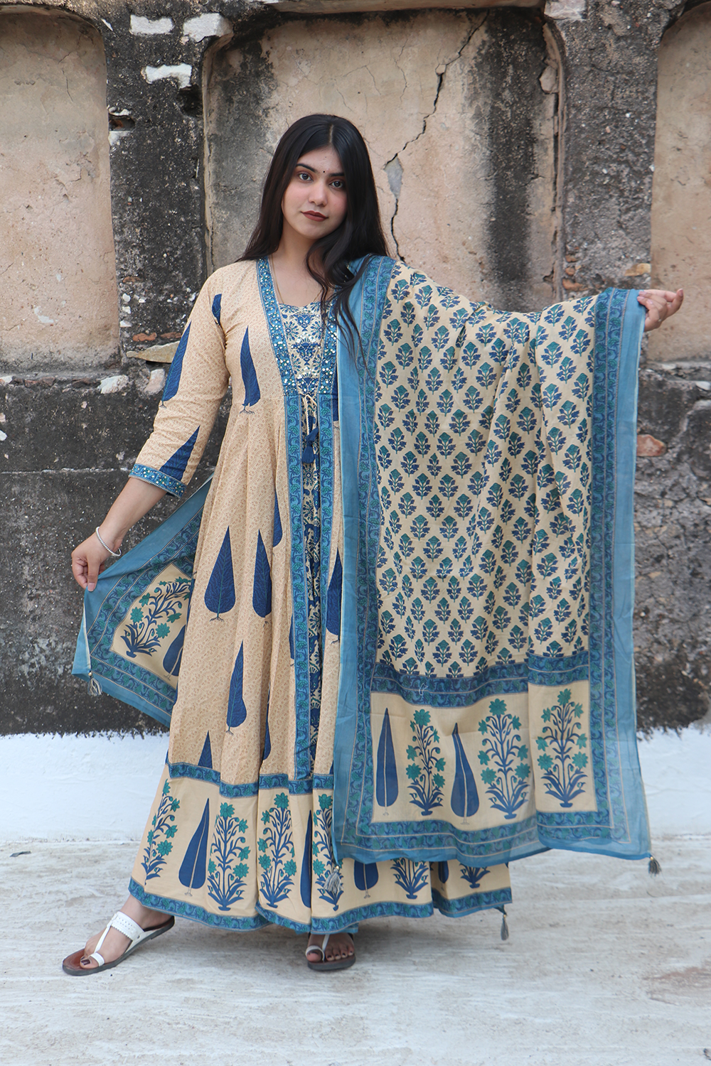 Indigo Breeze Printed Cotton Anarkali-Pant Set with Dupatta