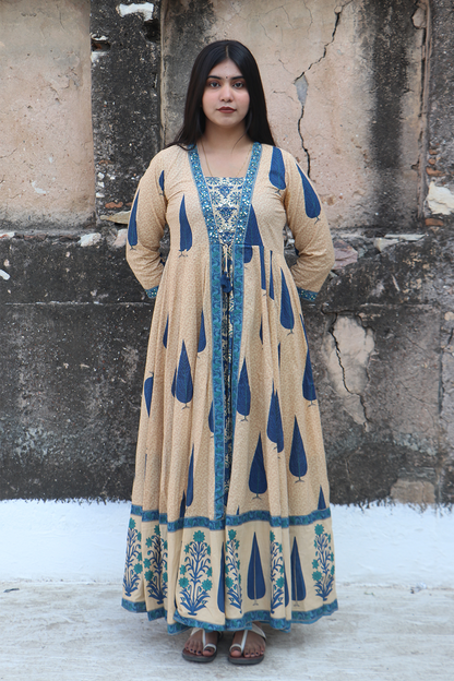 Indigo Breeze Printed Cotton Anarkali-Pant Set with Dupatta