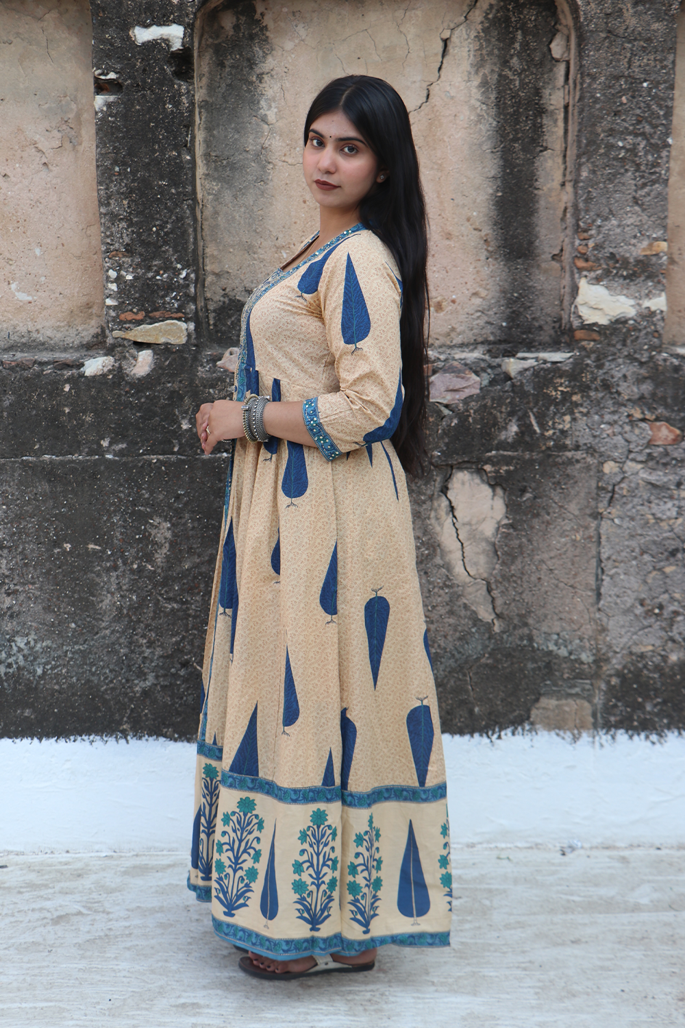 Indigo Breeze Printed Cotton Anarkali-Pant Set with Dupatta