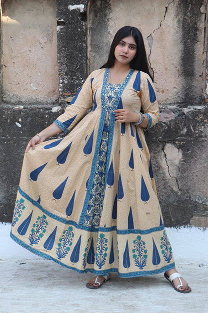 Indigo Breeze Printed Cotton Anarkali-Pant Set with Dupatta