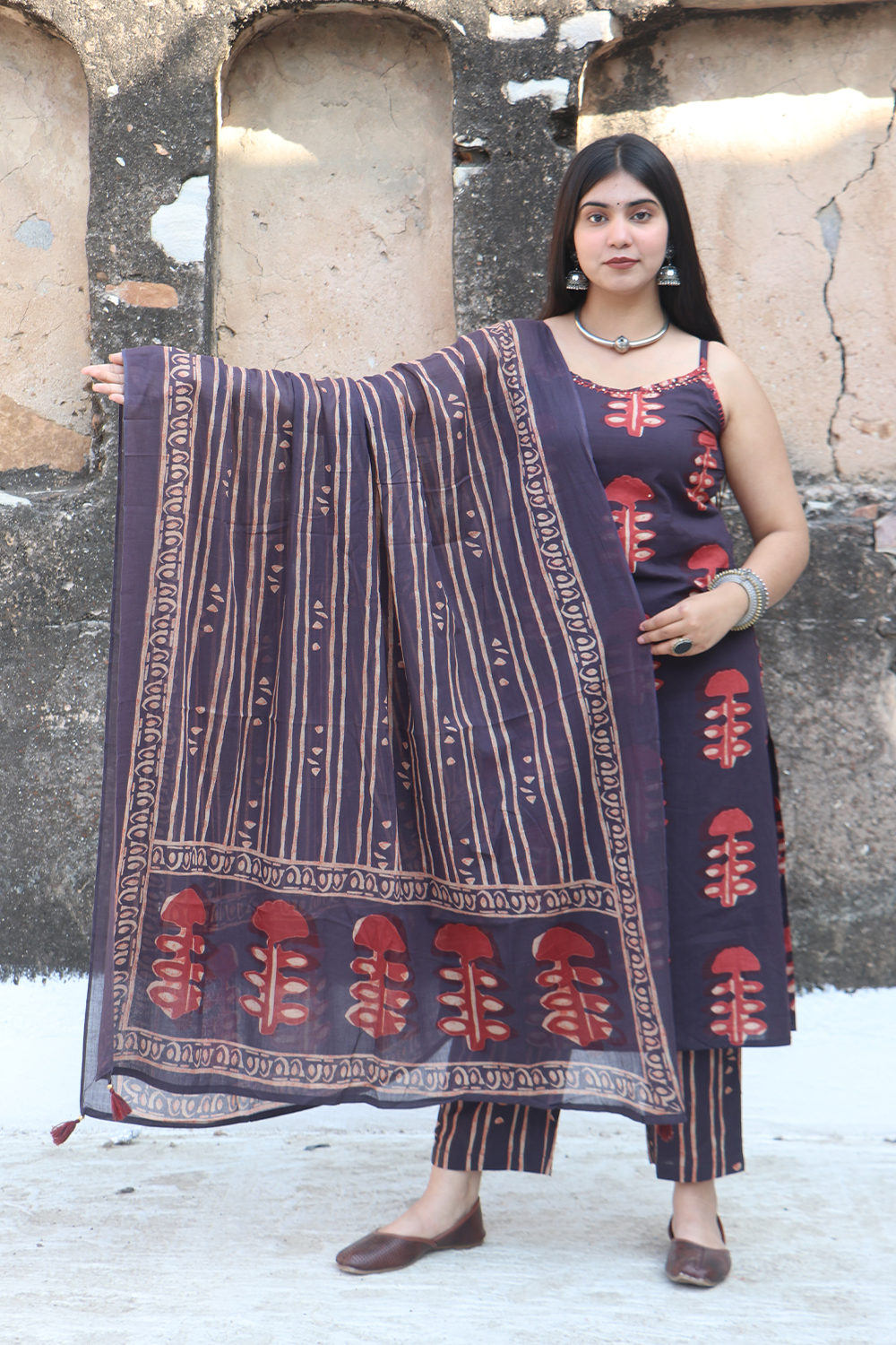 Rust & Indigo Mushroom Print Suit Set with Dupatta