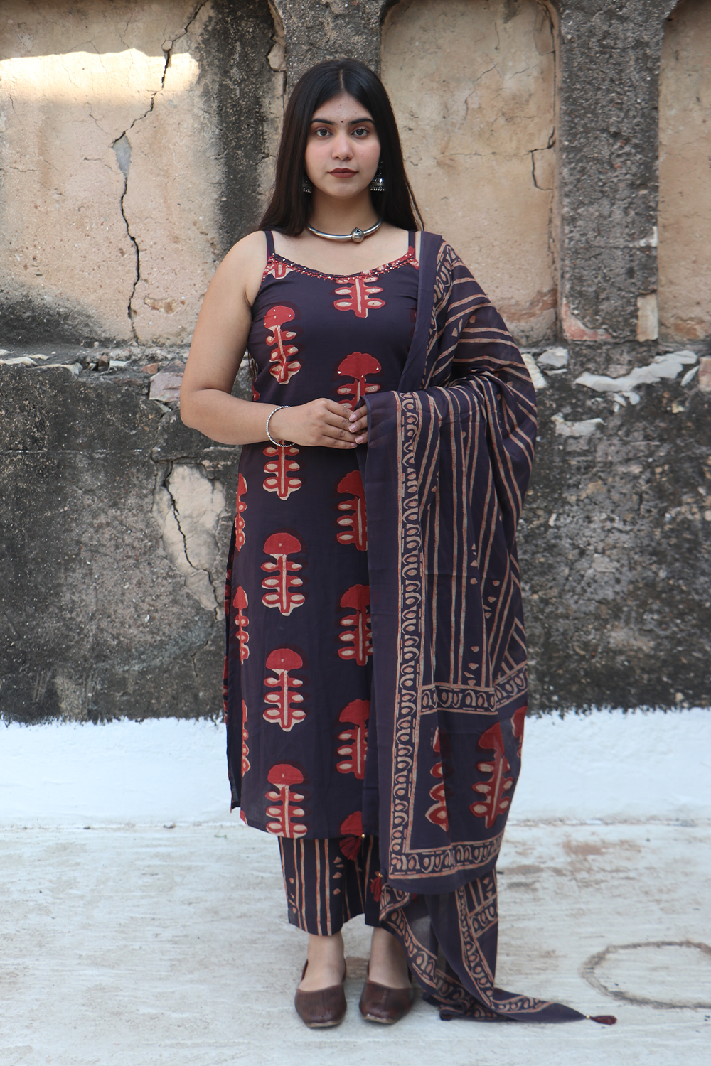 Rust & Indigo Mushroom Print Suit Set with Dupatta