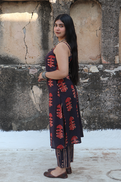 Rust & Indigo Mushroom Print Suit Set with Dupatta