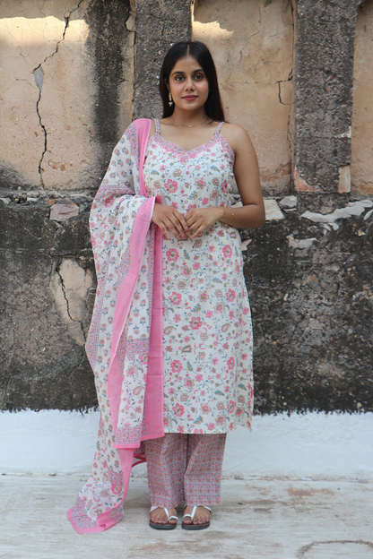 Pink Floral Cotton Straight-Fit Kurta Set with Dupatta