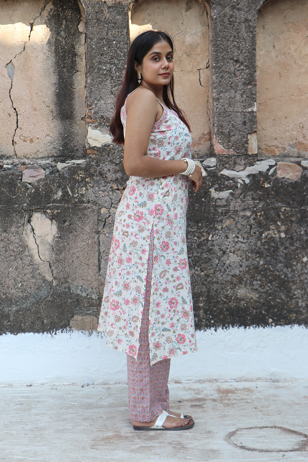 Pink Floral Cotton Straight-Fit Kurta Set with Dupatta