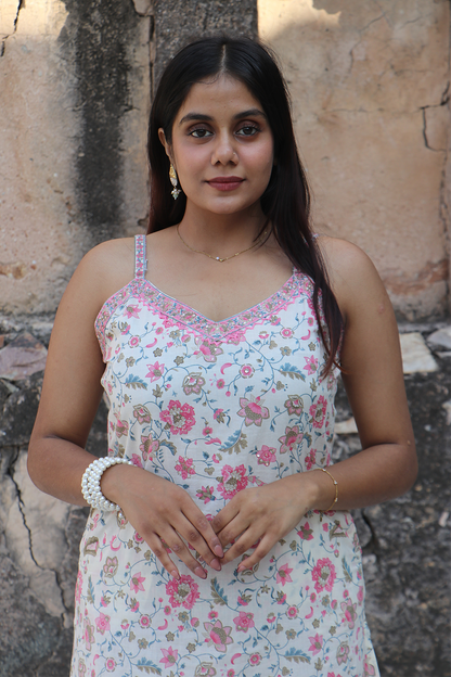 Pink Floral Cotton Straight-Fit Kurta Set with Dupatta