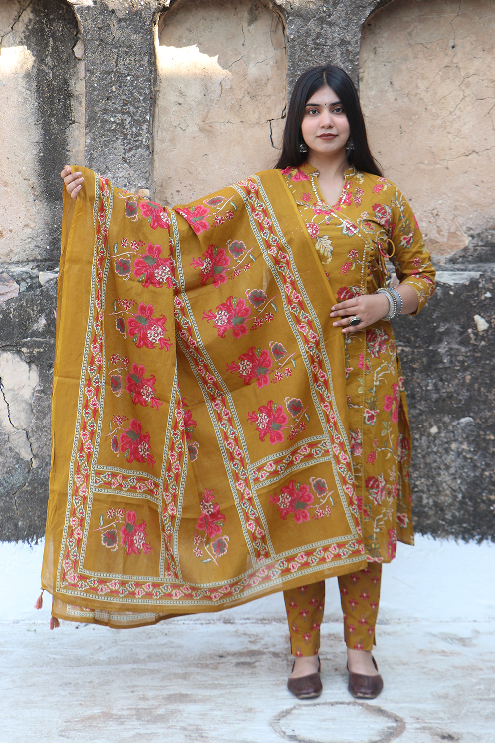Mustard Angrakha Cotton Kurta pant set with Dupatta
