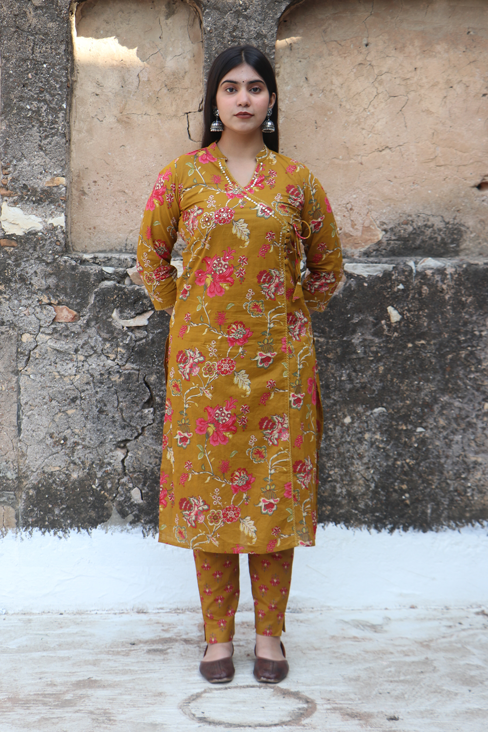 Mustard Angrakha Cotton Kurta pant set with Dupatta