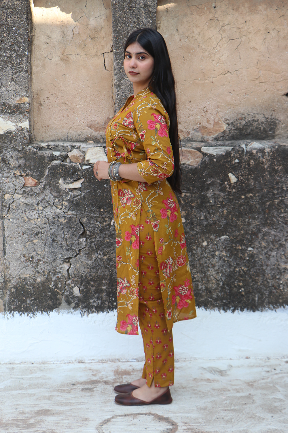 Mustard Angrakha Cotton Kurta pant set with Dupatta