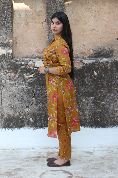 Mustard Angrakha Cotton Kurta pant set with Dupatta