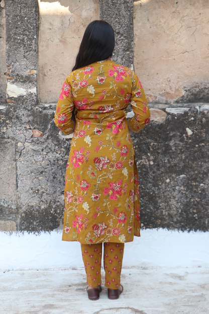 Mustard Angrakha Cotton Kurta pant set with Dupatta