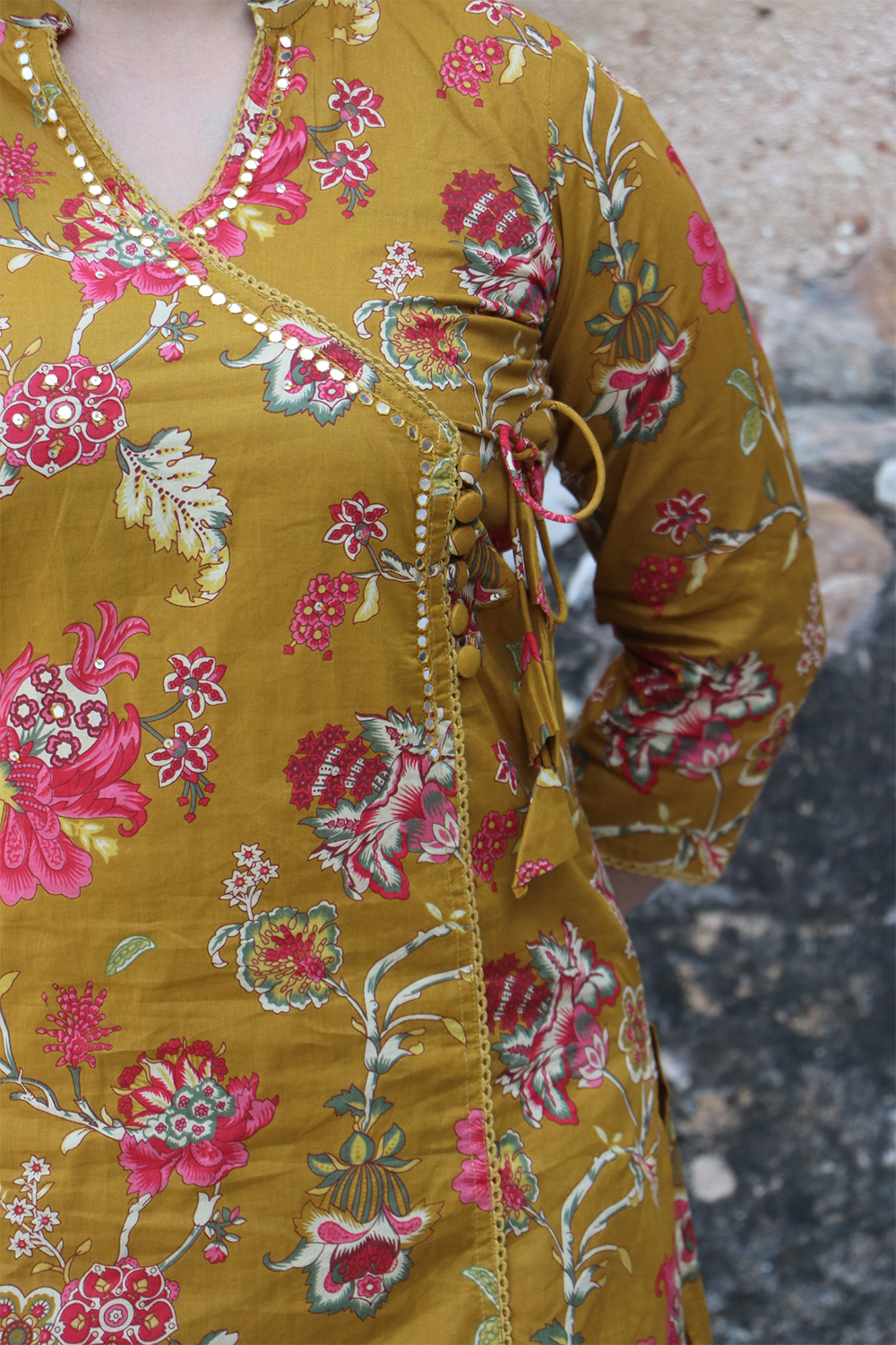 Mustard Angrakha Cotton Kurta pant set with Dupatta