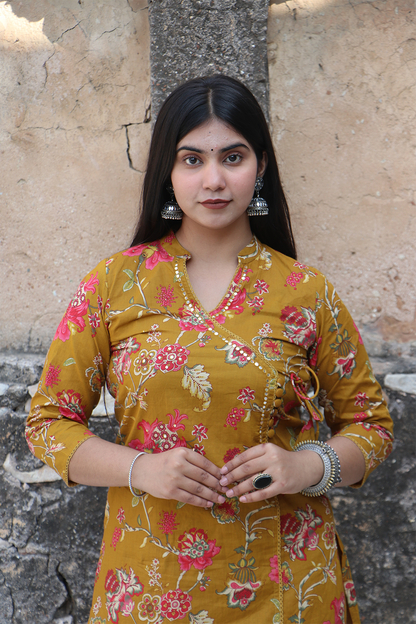 Mustard Angrakha Cotton Kurta pant set with Dupatta