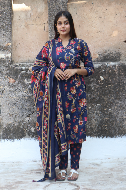 Navy Blue Angrakha Cotton Kurta pant set with Dupatta