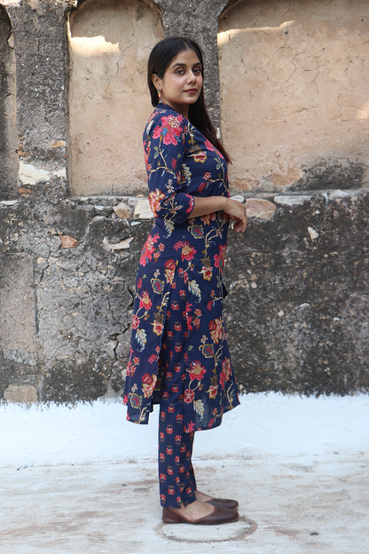Navy Blue Angrakha Cotton Kurta pant set with Dupatta