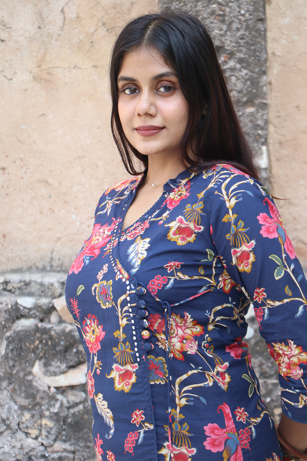 Navy Blue Angrakha Cotton Kurta pant set with Dupatta