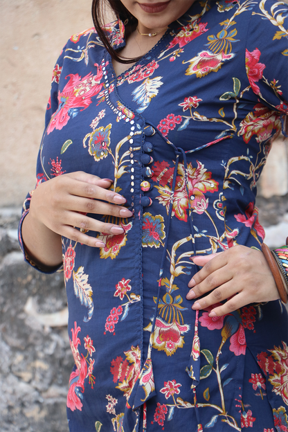 Navy Blue Angrakha Cotton Kurta pant set with Dupatta