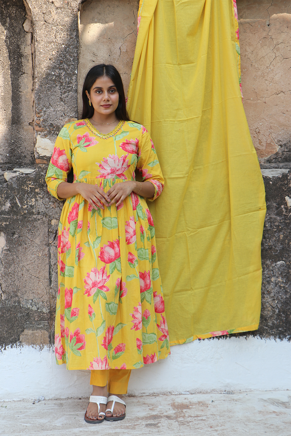 Sunshine Lotus Cotton Kurta Pant Set with Dupatta