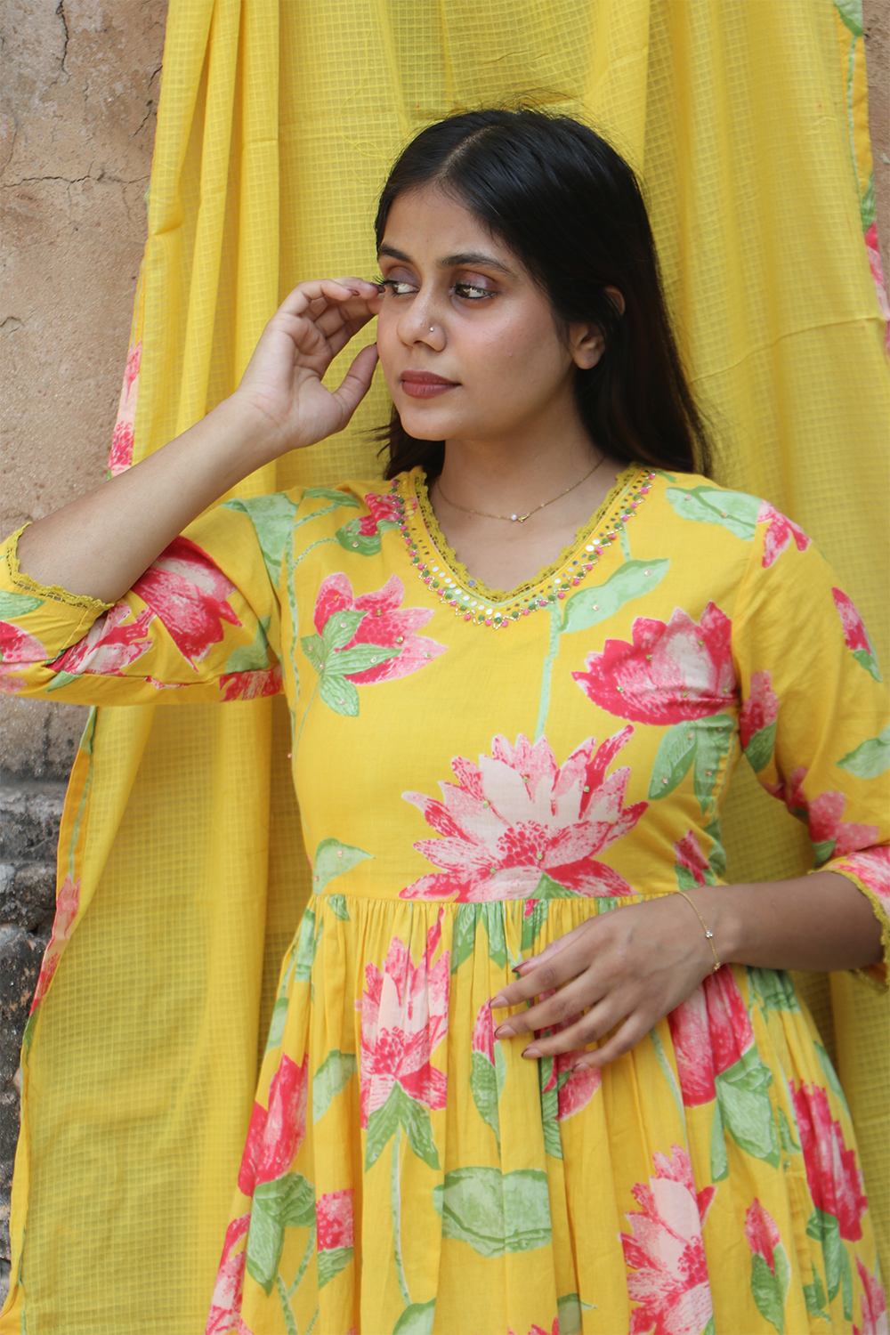 Sunshine Lotus Cotton Kurta Pant Set with Dupatta