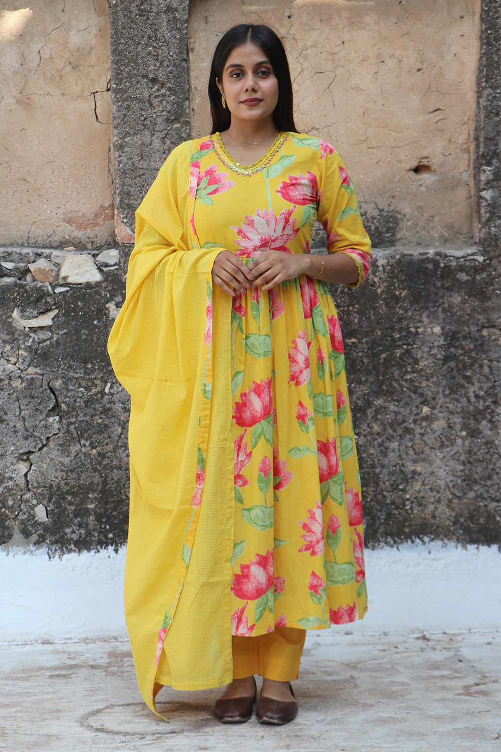 Sunshine Lotus Cotton Kurta Pant Set with Dupatta