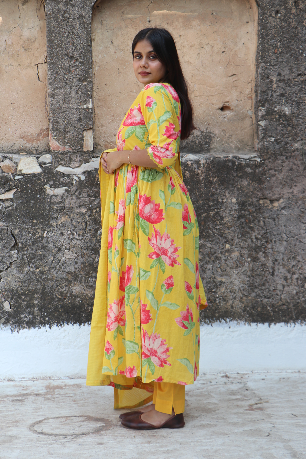 Sunshine Lotus Cotton Kurta Pant Set with Dupatta