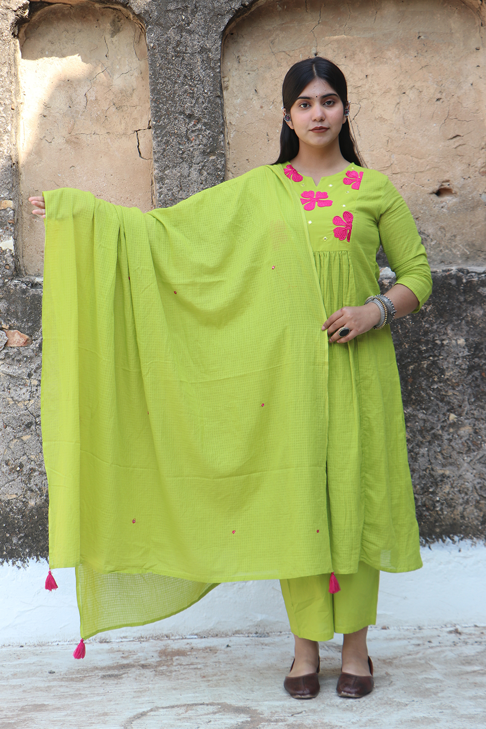 Lime Green Pink Petal Kurta Pant Set with Dupatta