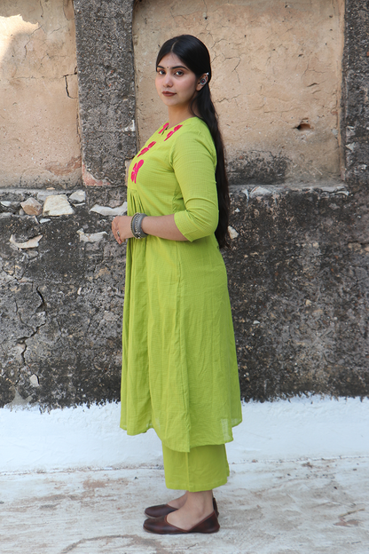 Lime Green Pink Petal Kurta Pant Set with Dupatta