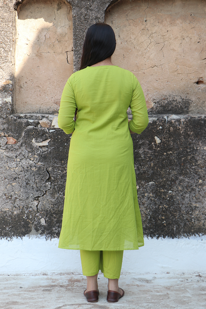 Lime Green Pink Petal Kurta Pant Set with Dupatta