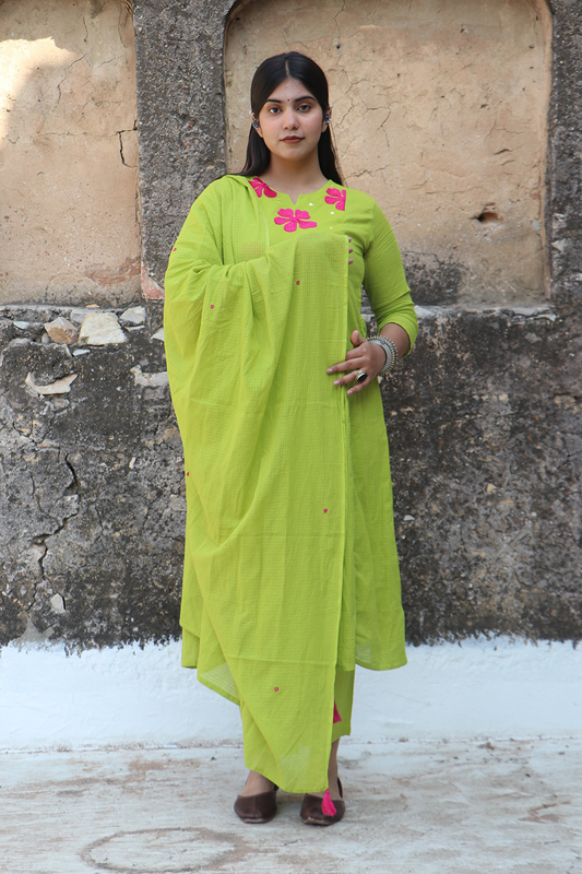 Lime Green Pink Petal Kurta Pant Set with Dupatta