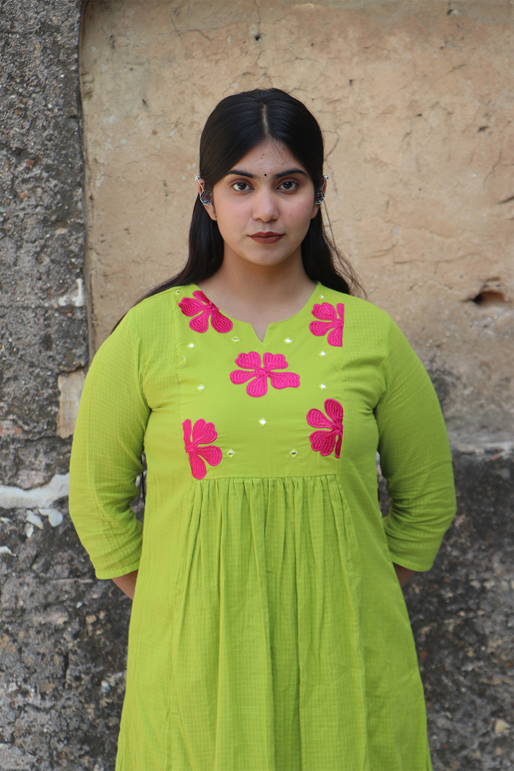 Lime Green Pink Petal Kurta Pant Set with Dupatta