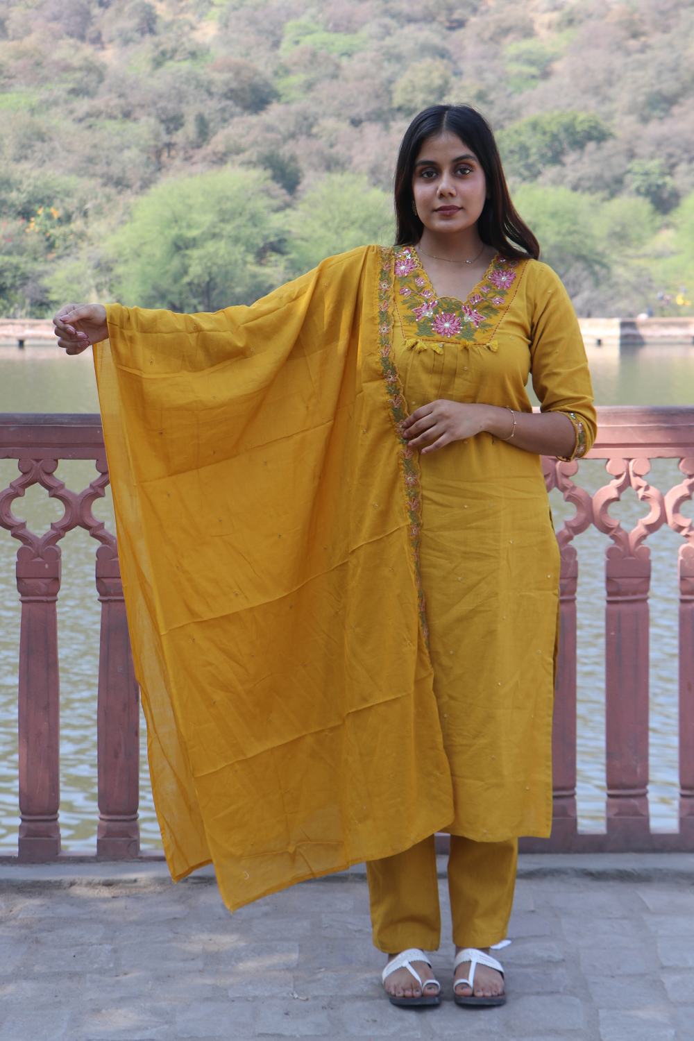 Mustard Glow Cotton Kurta Pant Set with Dupatta
