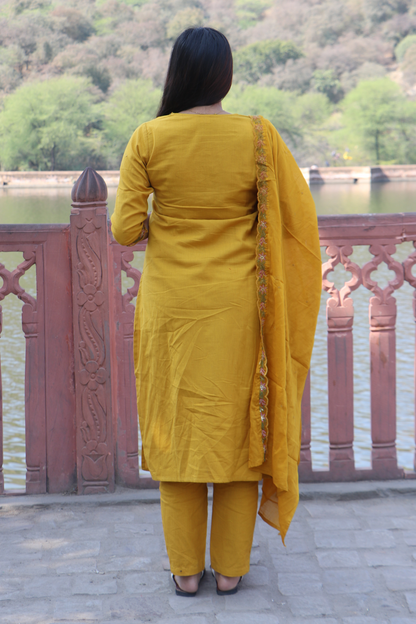 Mustard Glow Cotton Kurta Pant Set with Dupatta
