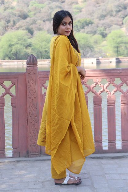 Mustard Glow Cotton Kurta Pant Set with Dupatta