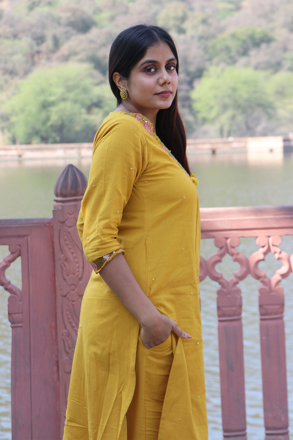 Mustard Glow Cotton Kurta Pant Set with Dupatta