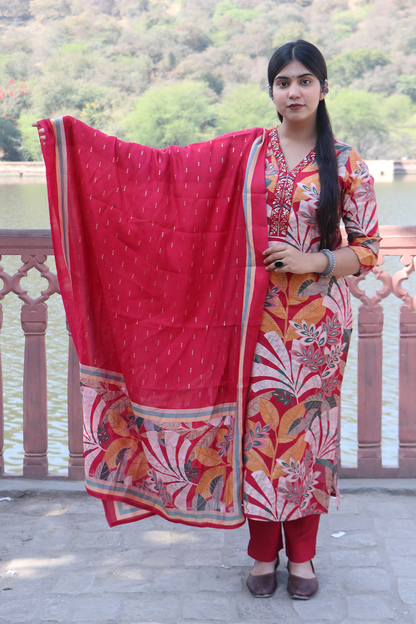 Red Tropical Print Modal Silk Kurta Pant Set with Dupatta