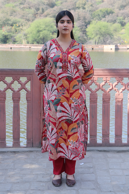 Red Tropical Print Modal Silk Kurta Pant Set with Dupatta