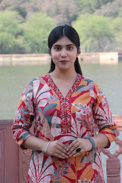 Red Tropical Print Modal Silk Kurta Pant Set with Dupatta