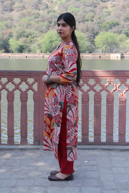 Red Tropical Print Modal Silk Kurta Pant Set with Dupatta
