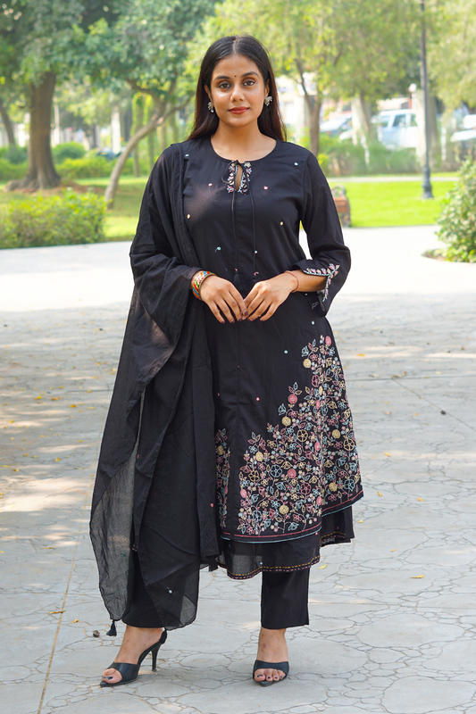 Black Katha-Work Mul Cotton A-Line Kurta-Pant Set with Dupatta