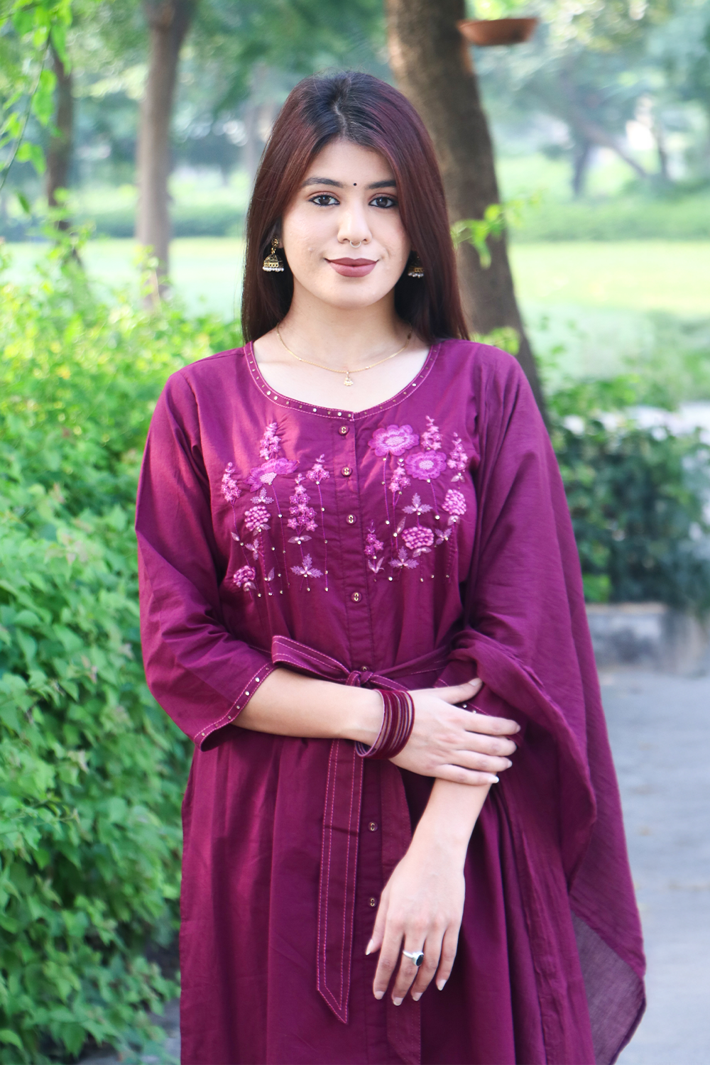 Wine Berry Thread-Work Cotton Kurta-Pant Set with Dupatta