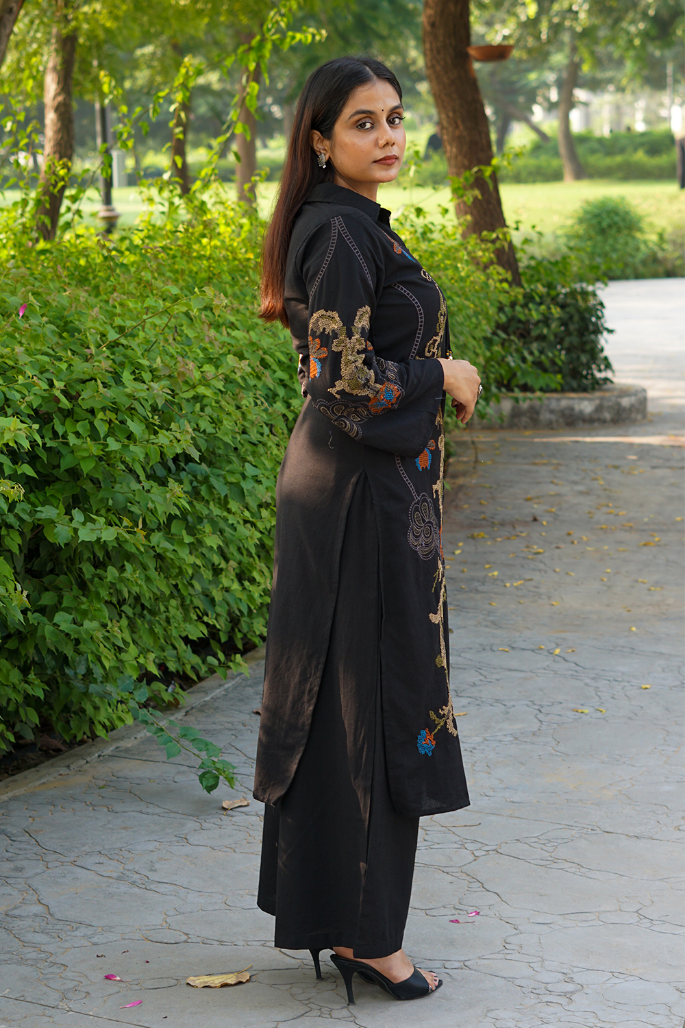 Black Cross Stitch Embroidered Cotton Kurta-Pant Set with Dupatta