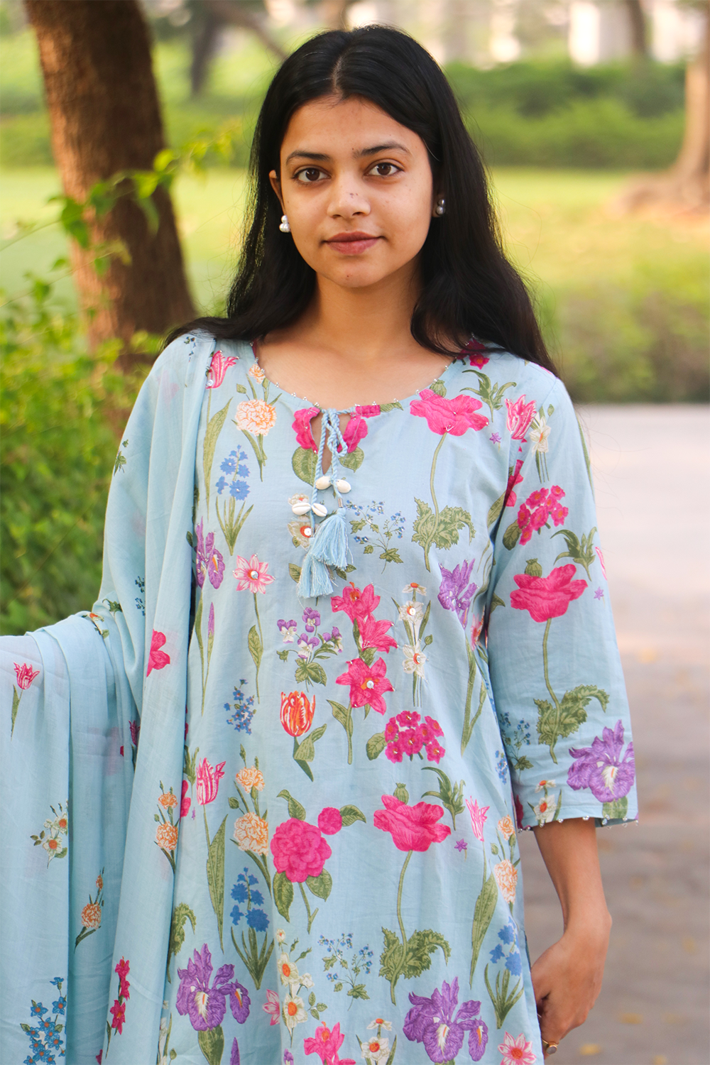 Pastel Blue Floral Cotton Kurta-Pant Set with Dupatta