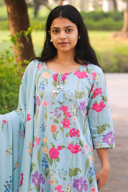 Pastel Blue Floral Cotton Kurta-Pant Set with Dupatta