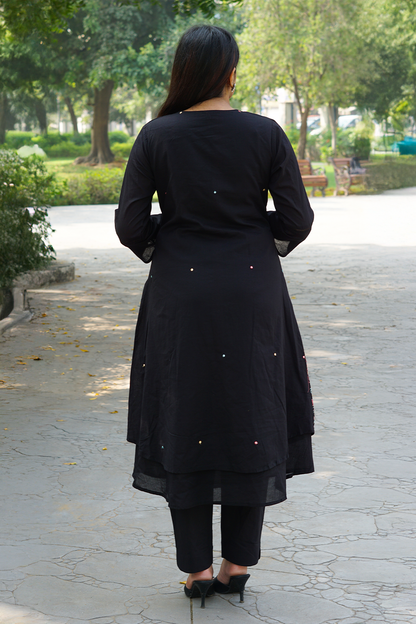 Black Katha-Work Mul Cotton A-Line Kurta-Pant Set with Dupatta