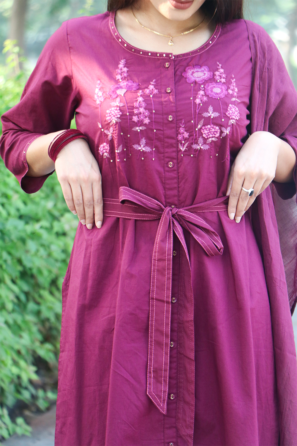 Wine Berry Thread-Work Cotton Kurta-Pant Set with Dupatta