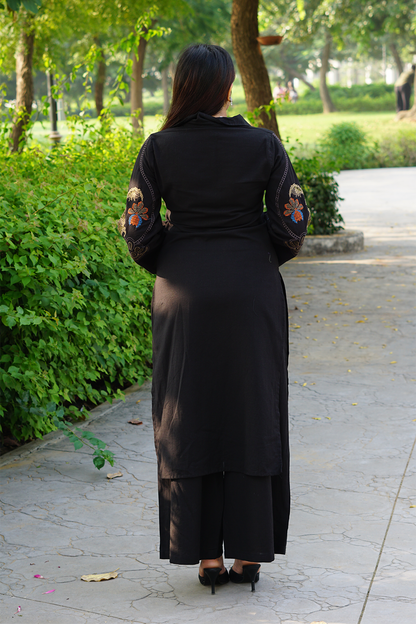 Black Cross Stitch Embroidered Cotton Kurta-Pant Set with Dupatta