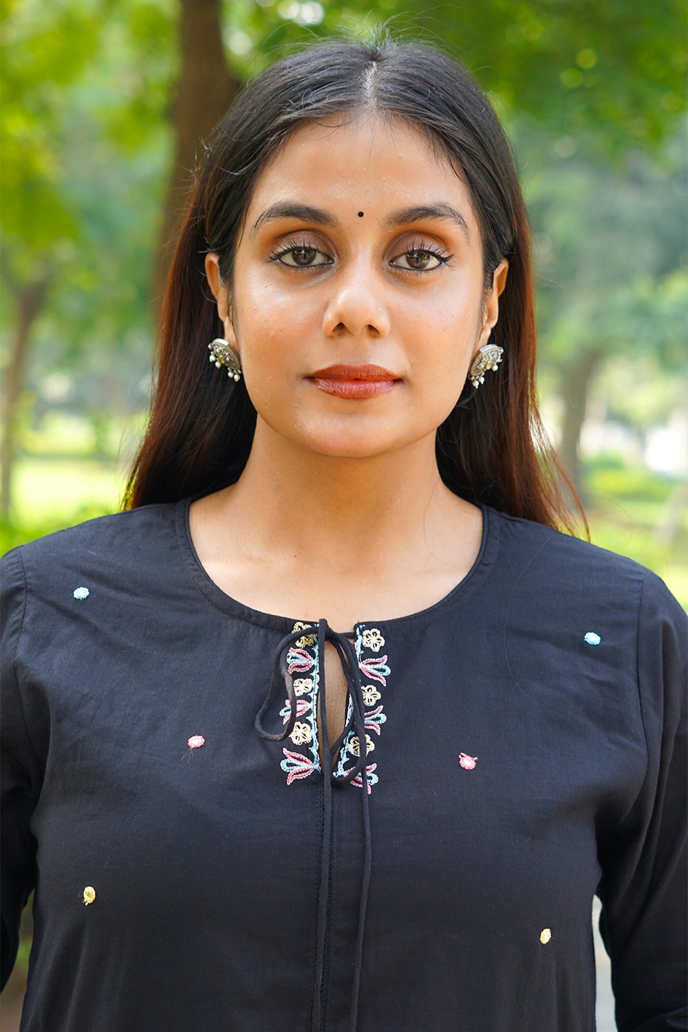 Black Katha-Work Mul Cotton A-Line Kurta-Pant Set with Dupatta